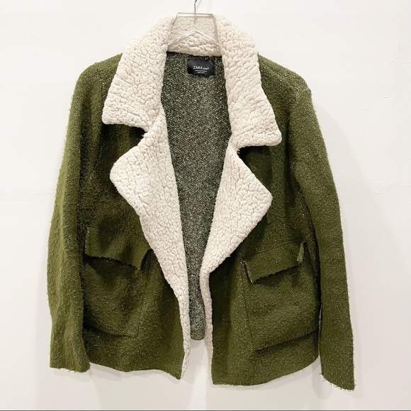 Zara Knit Faux Shearling Lined Sweater Jacket Open Front Square Pocket Green S - Picture 3 of 11